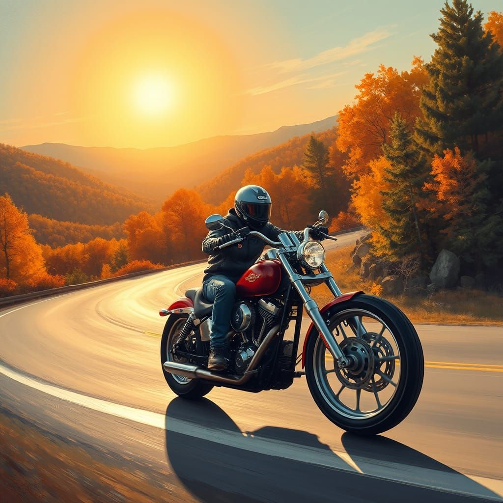 Motorcyclist Rides Chopper Through Autumn Landscape