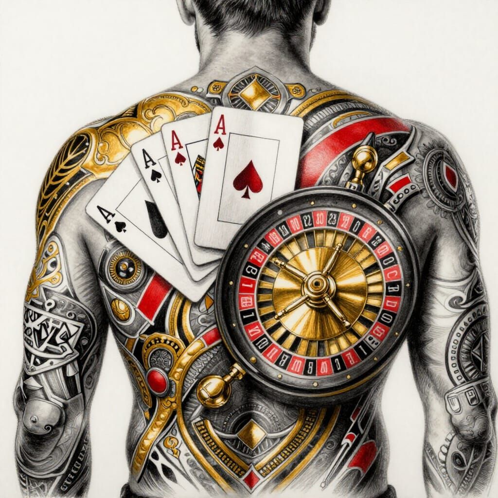 Detailed Tattoo Art: Poker Cards and Roulette Wheel