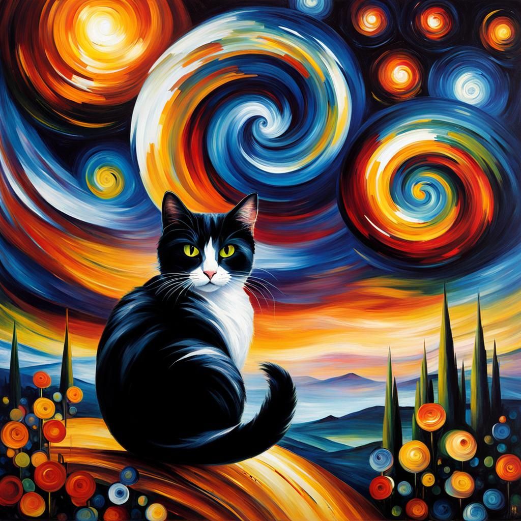 Cat Under Starry Night Sky as Impressionist Painting