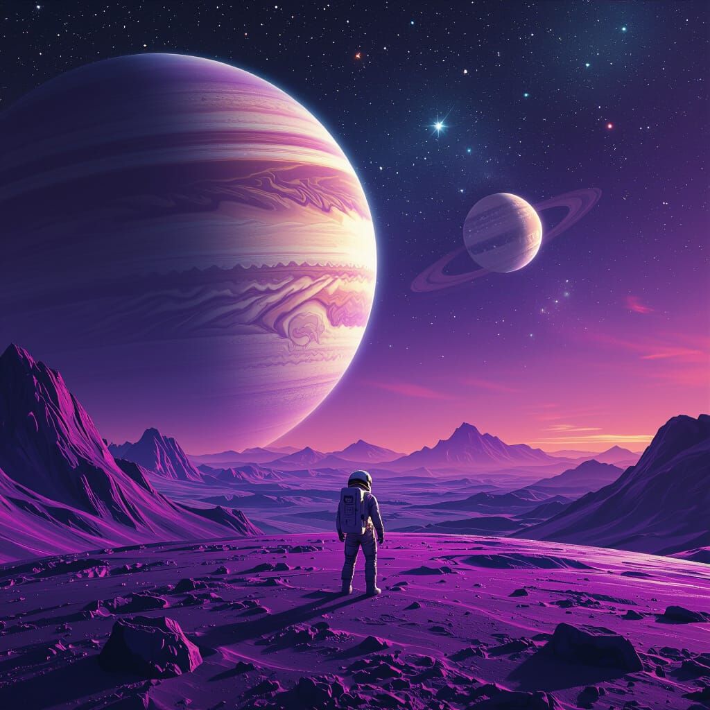 Astronaut Gazes at Ringed Planet in Cosmic Matte Painting