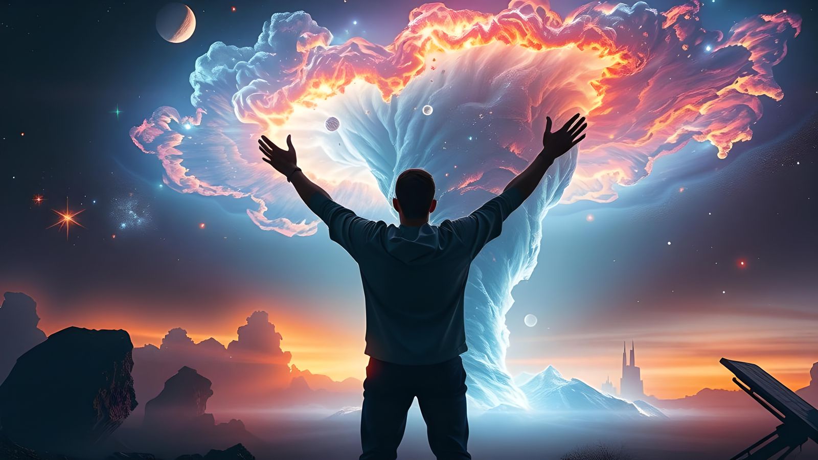 Man Controls Space Tornado in Photorealistic Style