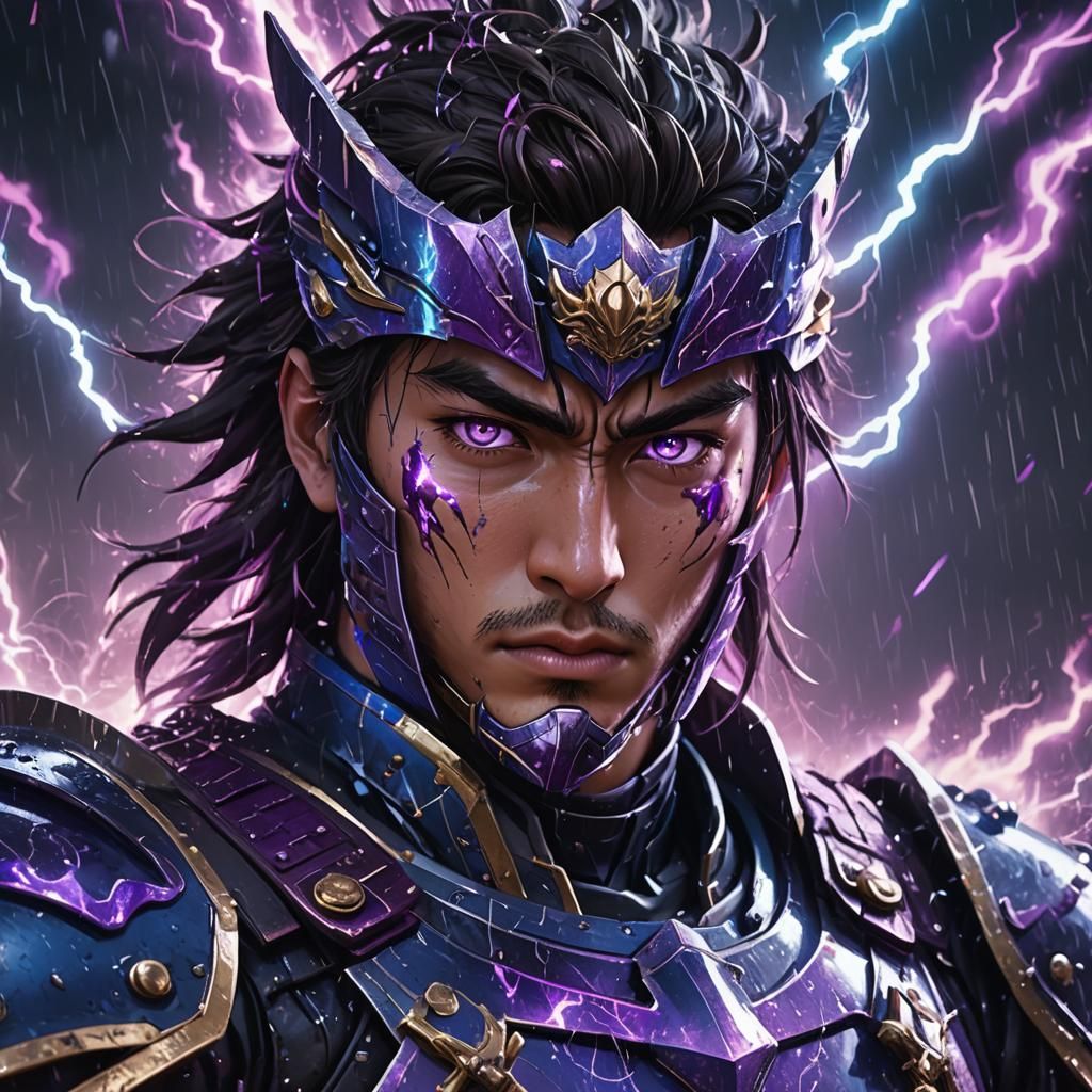Neon Lit Samurai Prince in Stormy Anime Battle