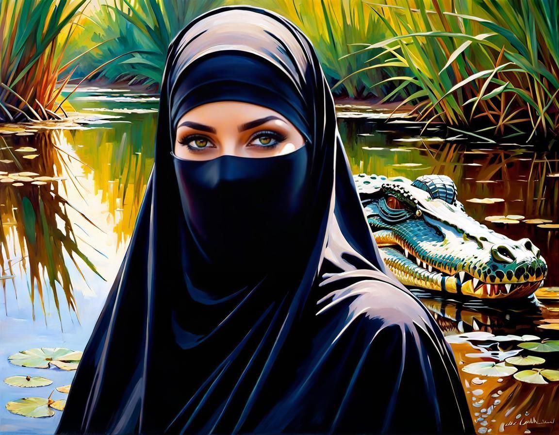 Psychedelic Swamp: Niqabi Woman and Crocodile