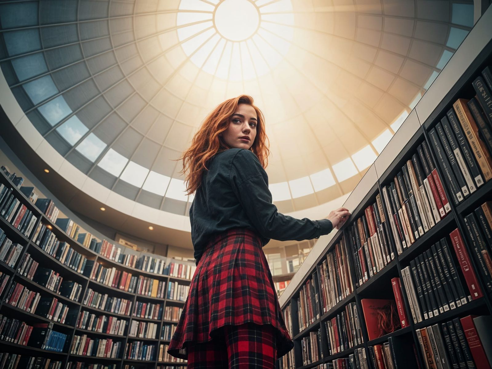 Modern Library Elegance with Redhaired Bookworm