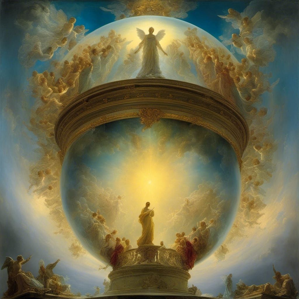 Angels Ascending in Iridescent Dome, Beksiński Style