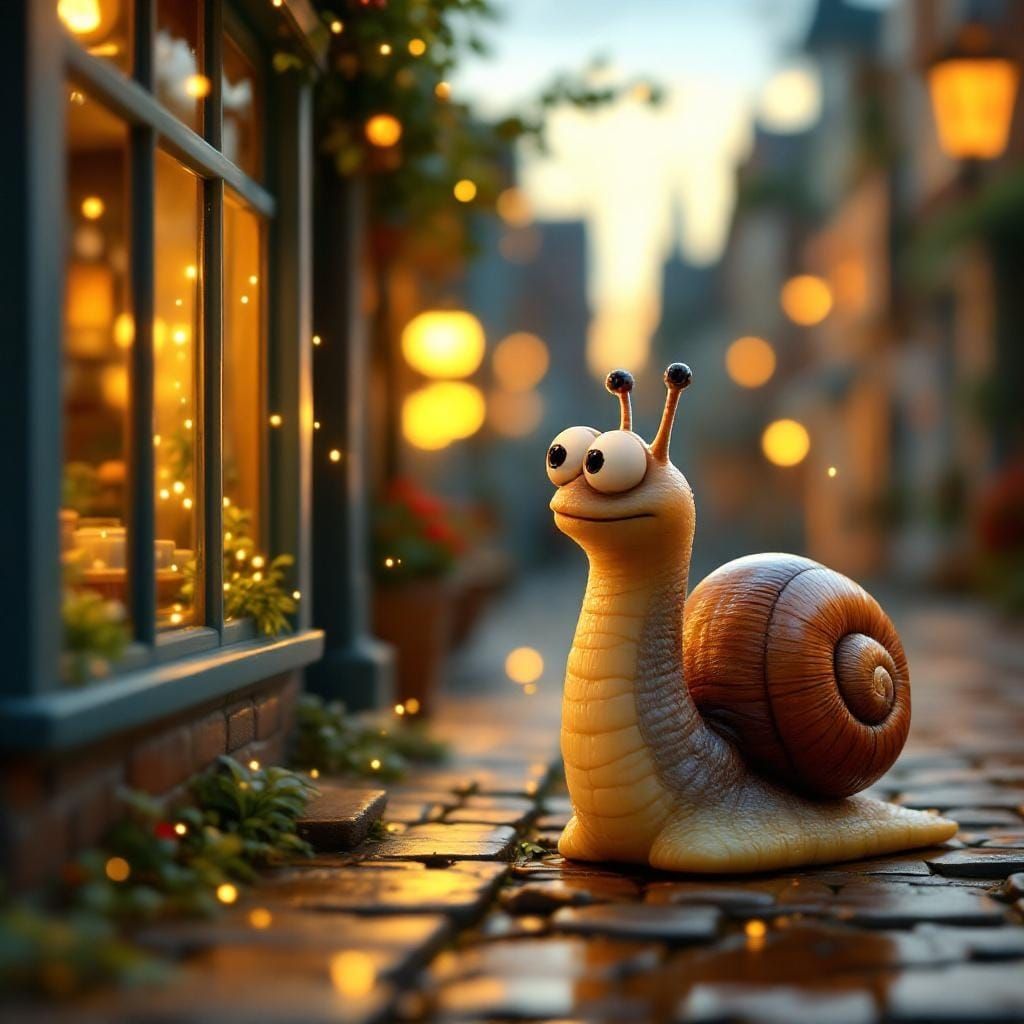 Charming Snail Gazes at Shop Window in Claymation Style