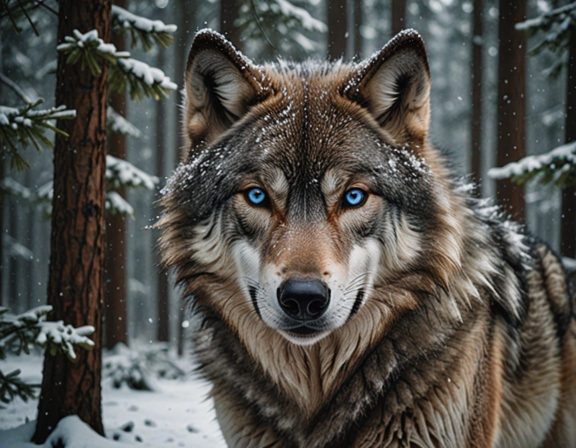 Majestic Grey Wolf Portrait in Winter Forest