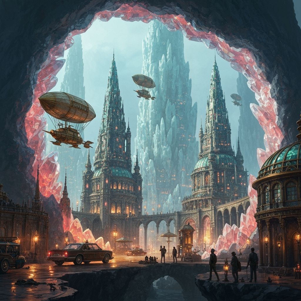 Steampunk City Inside Crystal Geode with Airships