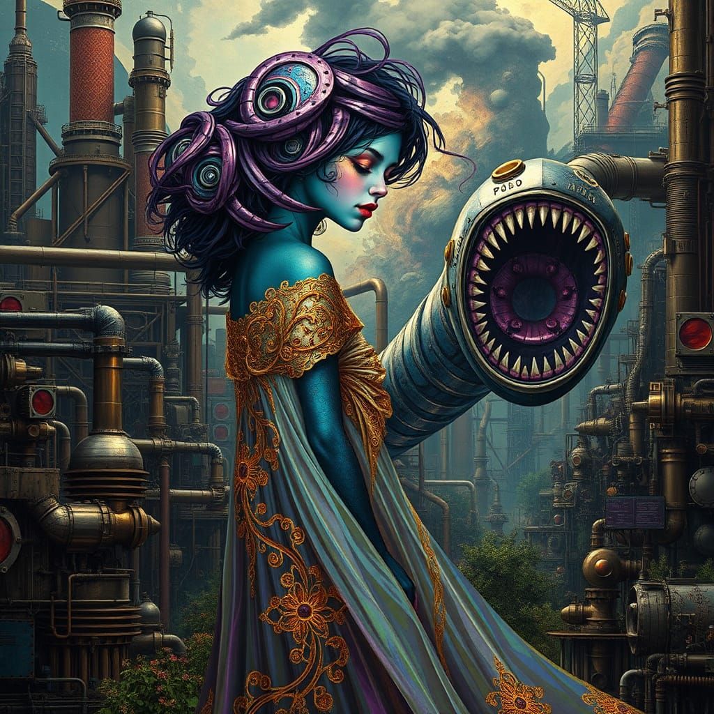 Woman in Gown on Jupiter in Steampunk Style