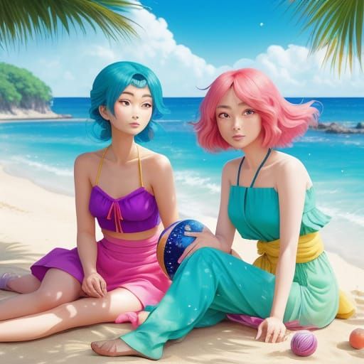 Whimsical Beach Scene in Pastel Anime Style