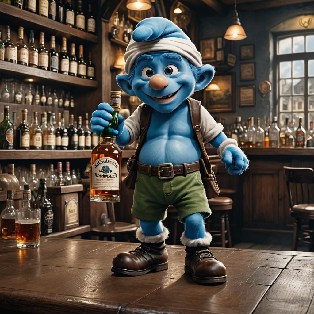 Smurf Holding Irish Whiskey in Pub, Ultra-Realistic