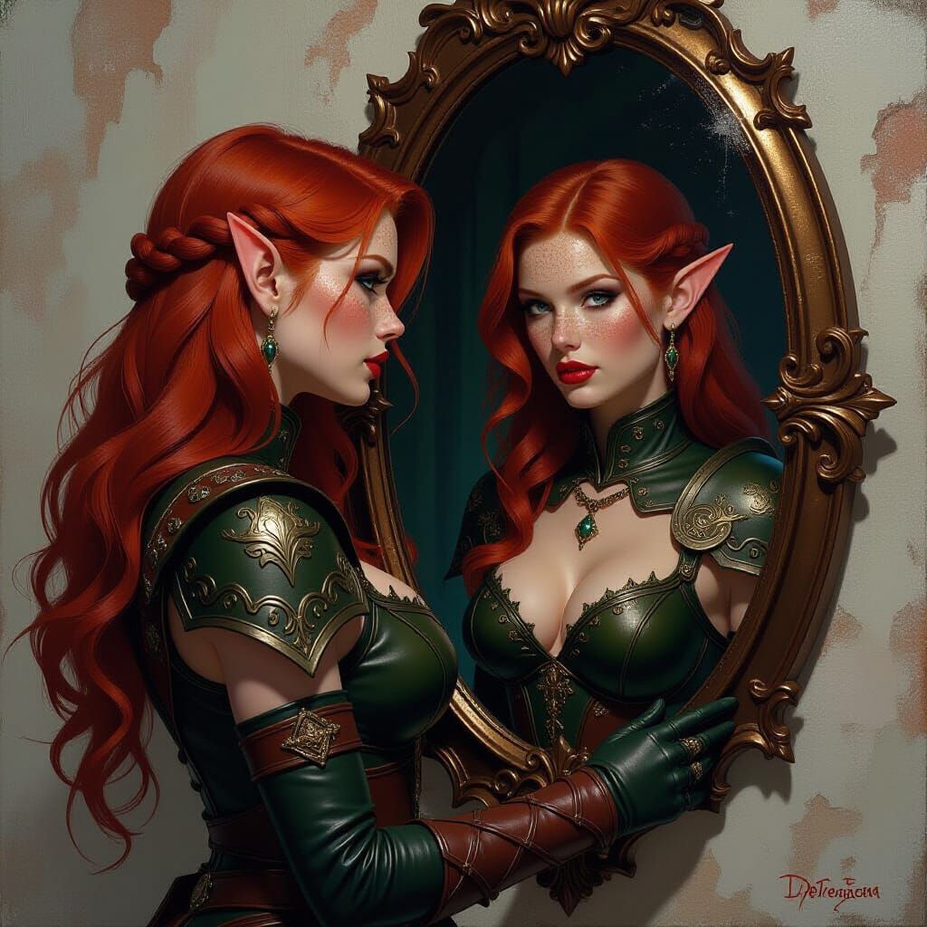 Elf with Evil Reflection: Sensual Fantasy Oil Painting