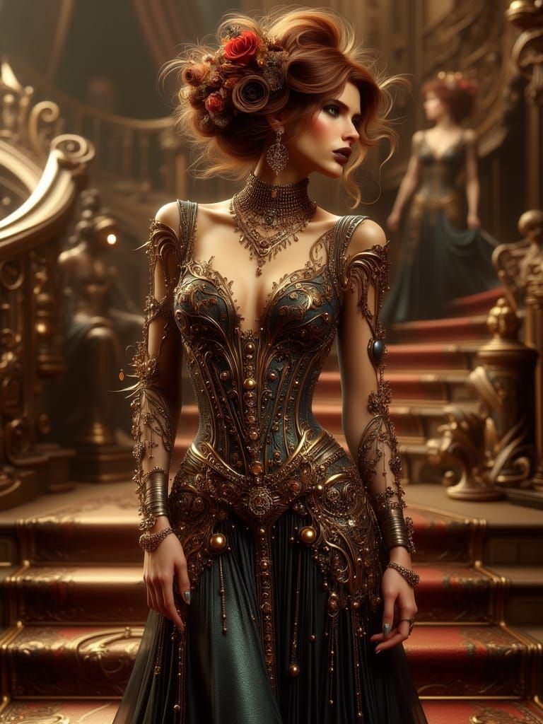 Woman in Ball Gown on Grand Staircase