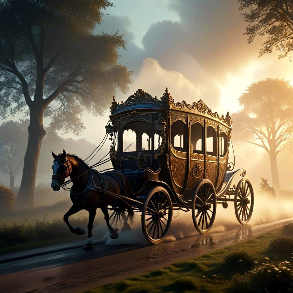 Vintage Carriage Galloping Through Misty Landscape