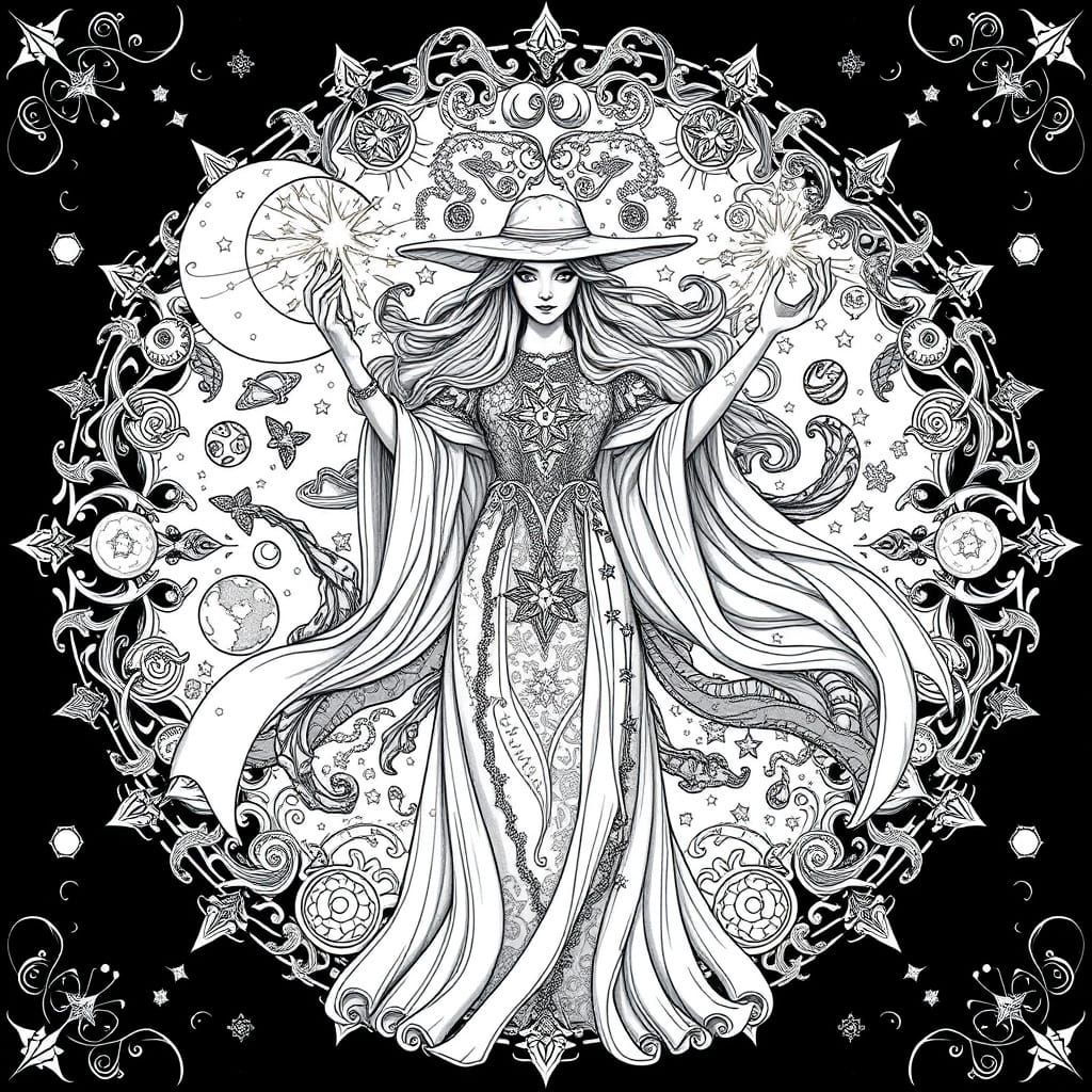 Enchanted Sorceress in Cosmic Filigree