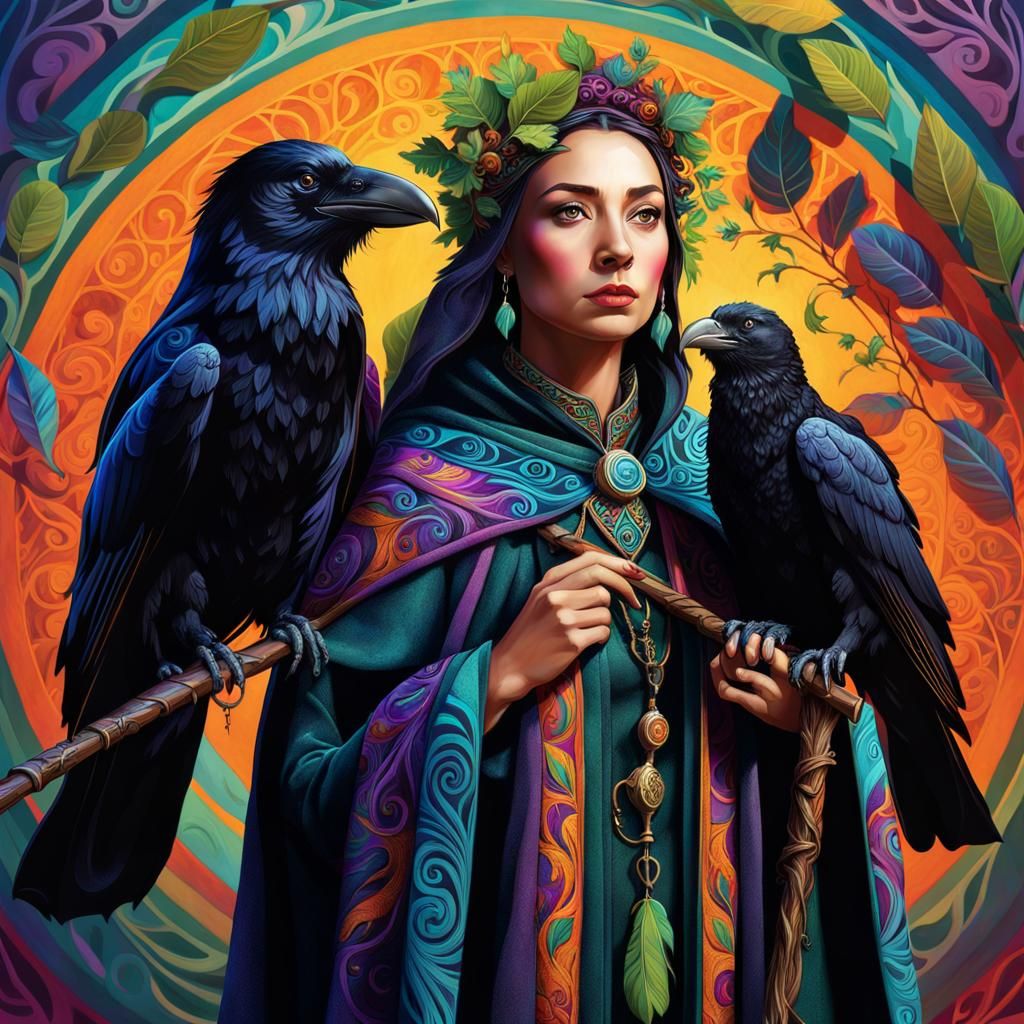 Mystical Druid with Raven in Digital Art