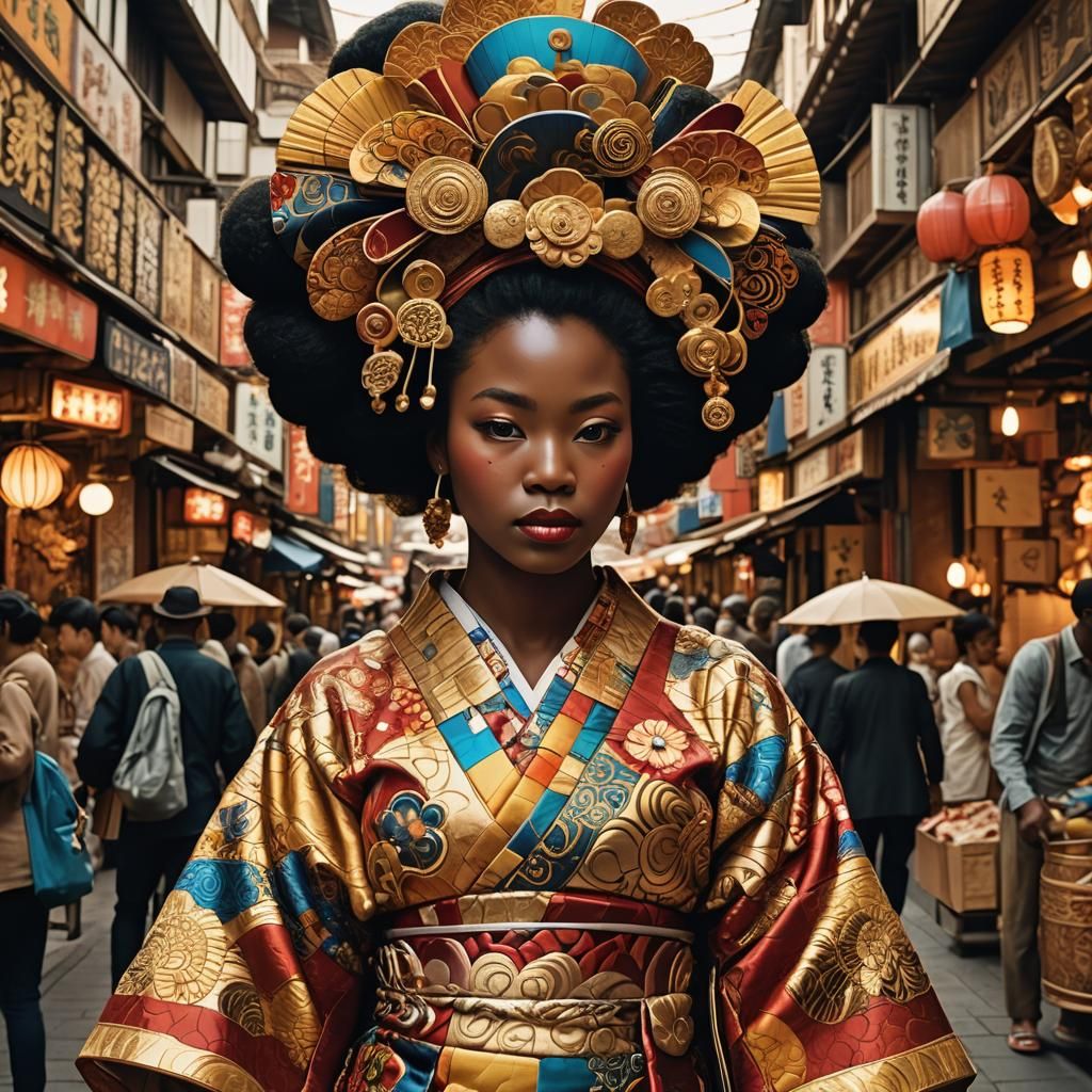 Afro-Futurist Geisha in Bustling Marketplace