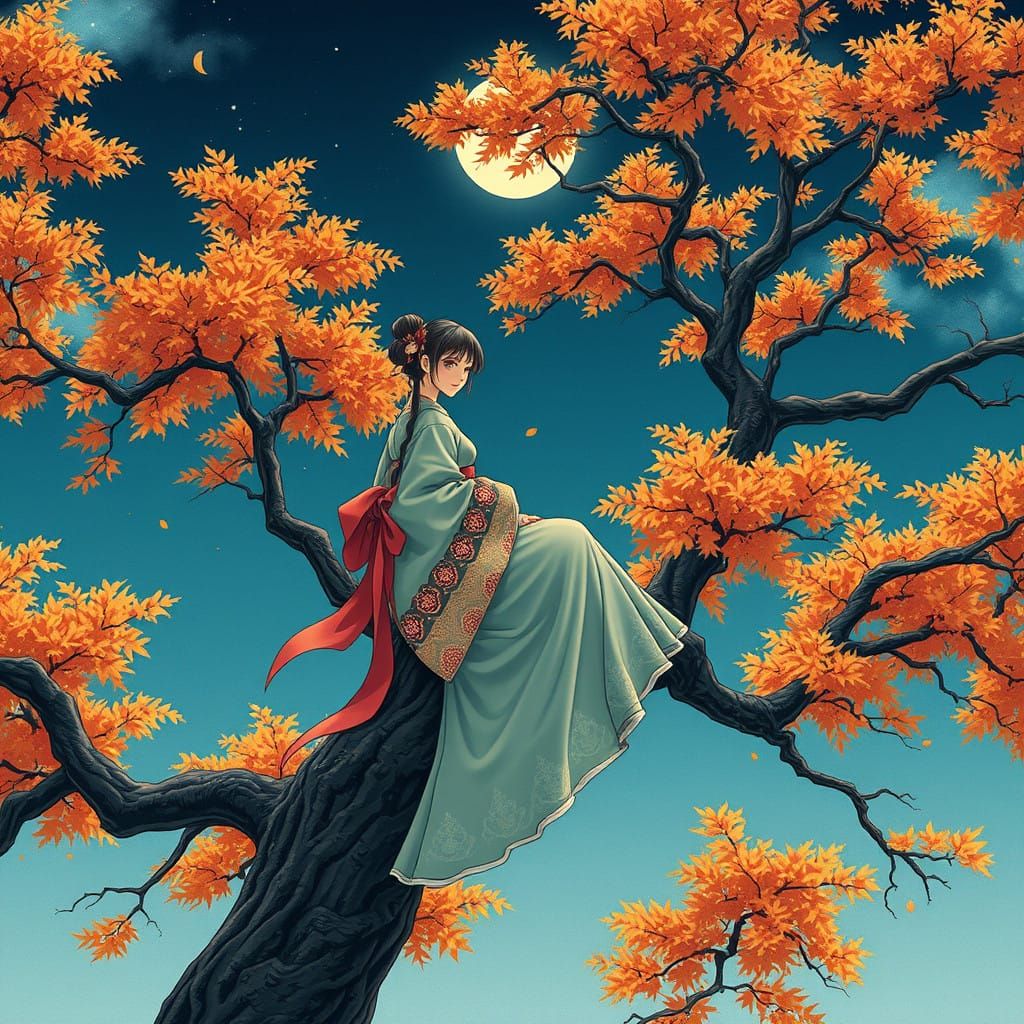 Majestic Japanese Goddess in Autumn Woodland, Starry Sky