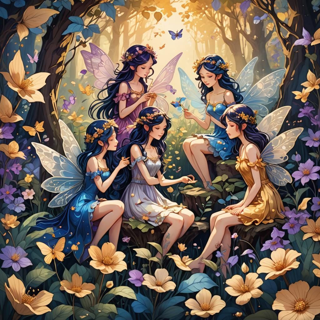 Fairies in Flowers in Enchanted Forest Illustration