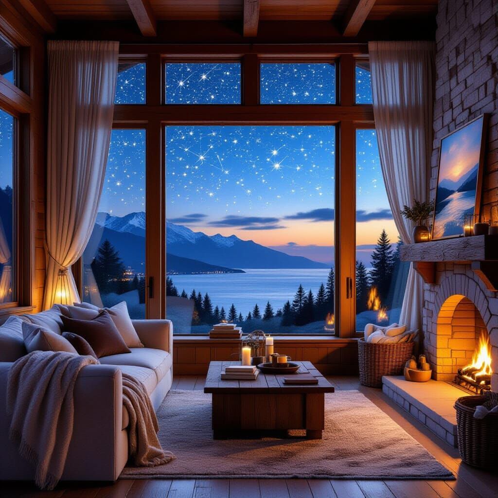 Cozy Living Room with Mountain View, Impressionist Style