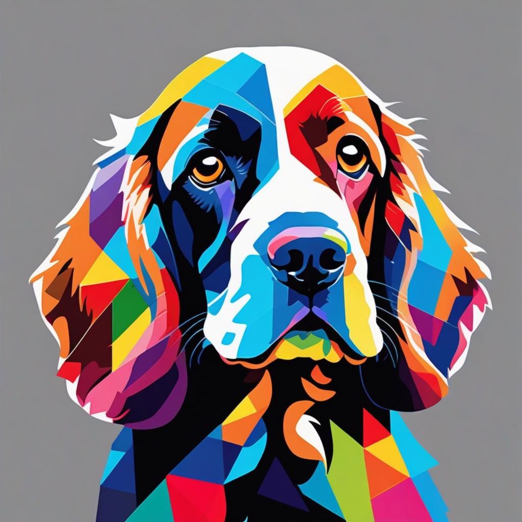 Create Pop Art a geometric portrait of a Cocker Spaniel using a multitude of vibrant colorful triangles to form its shap...