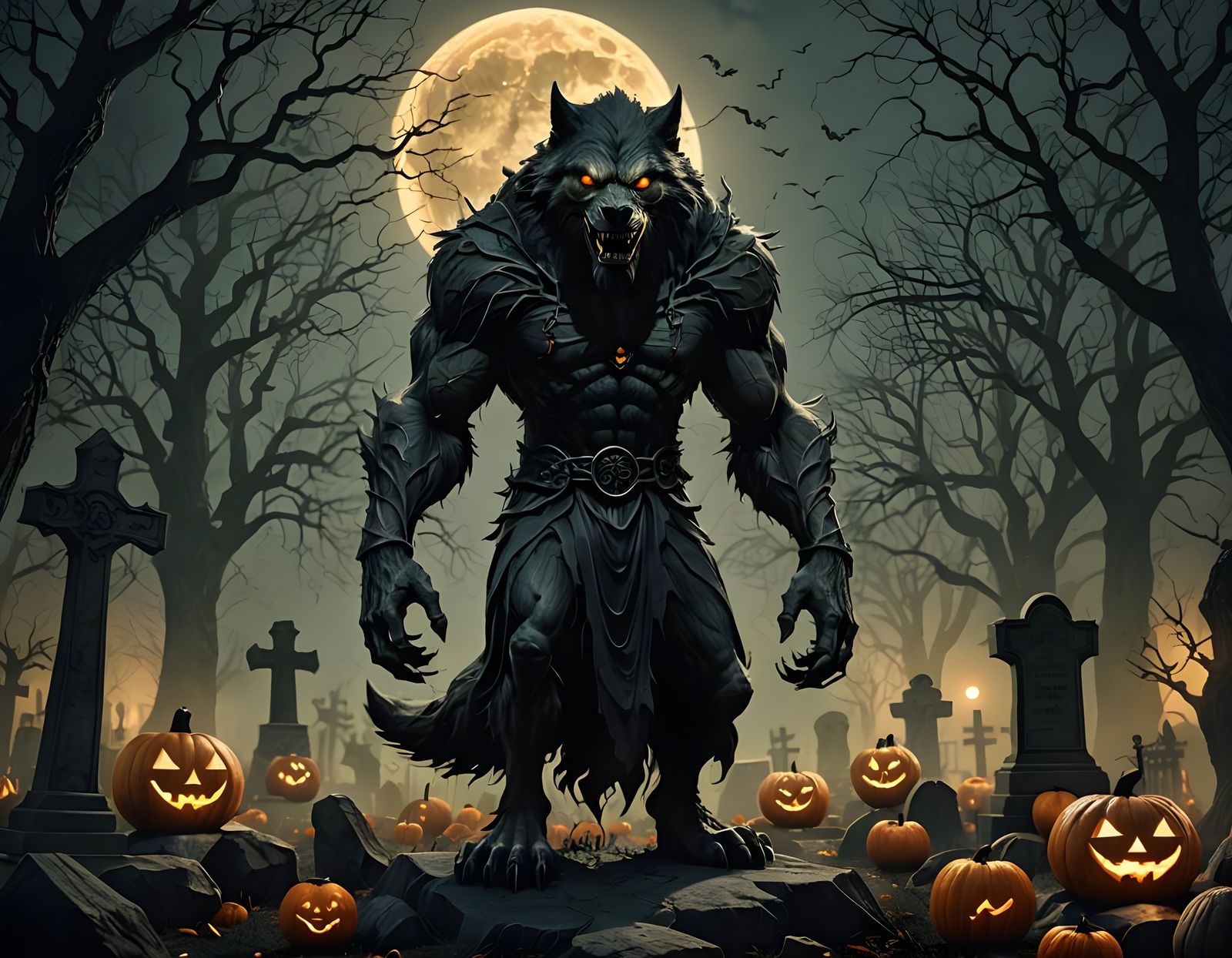 Werewolf in a Cyberpunk Halloween Scene