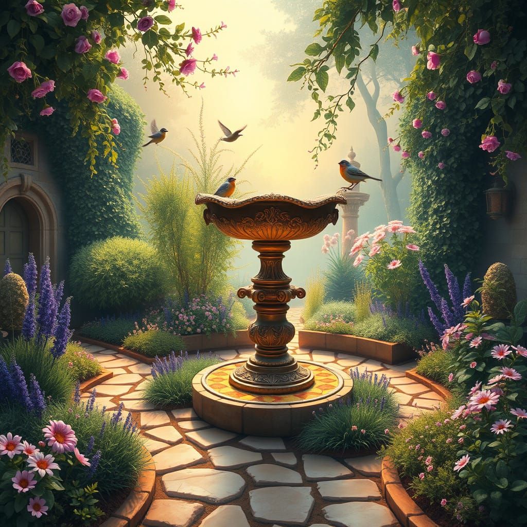 Enchanted Renaissance Garden with Ornate Bird Bath
