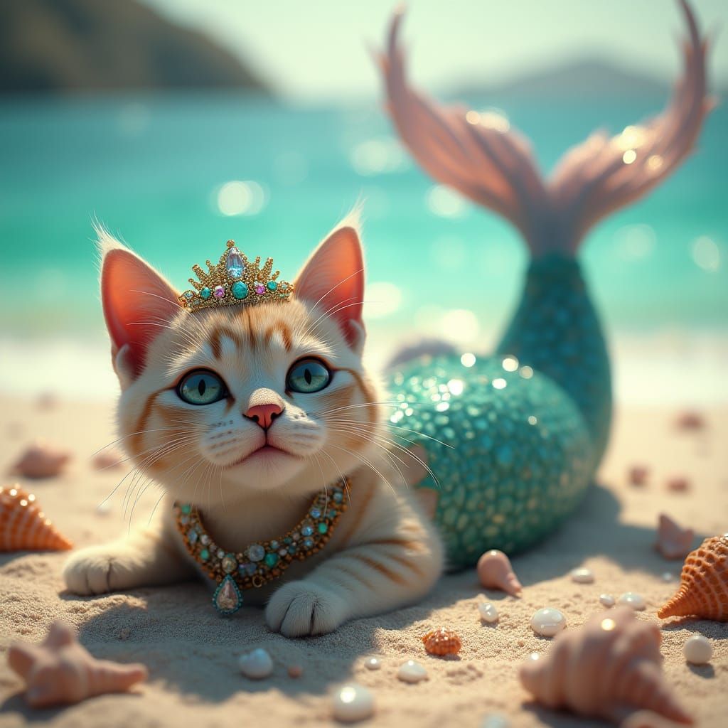 Serene Mermaid Cat in Hyperrealistic Beach Scene