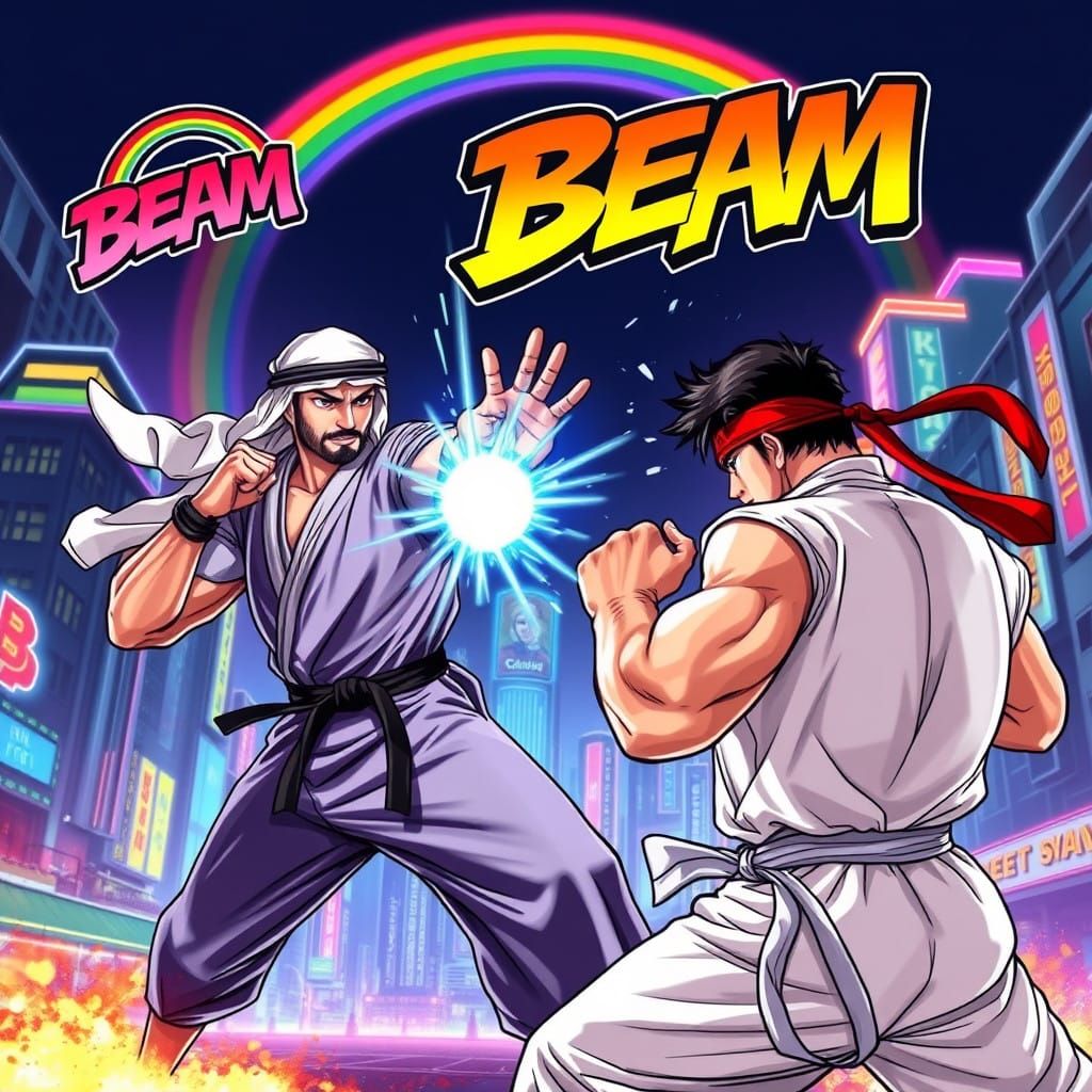 Arabic Warrior Unleashes Hadoken Against Ryu in Neon City