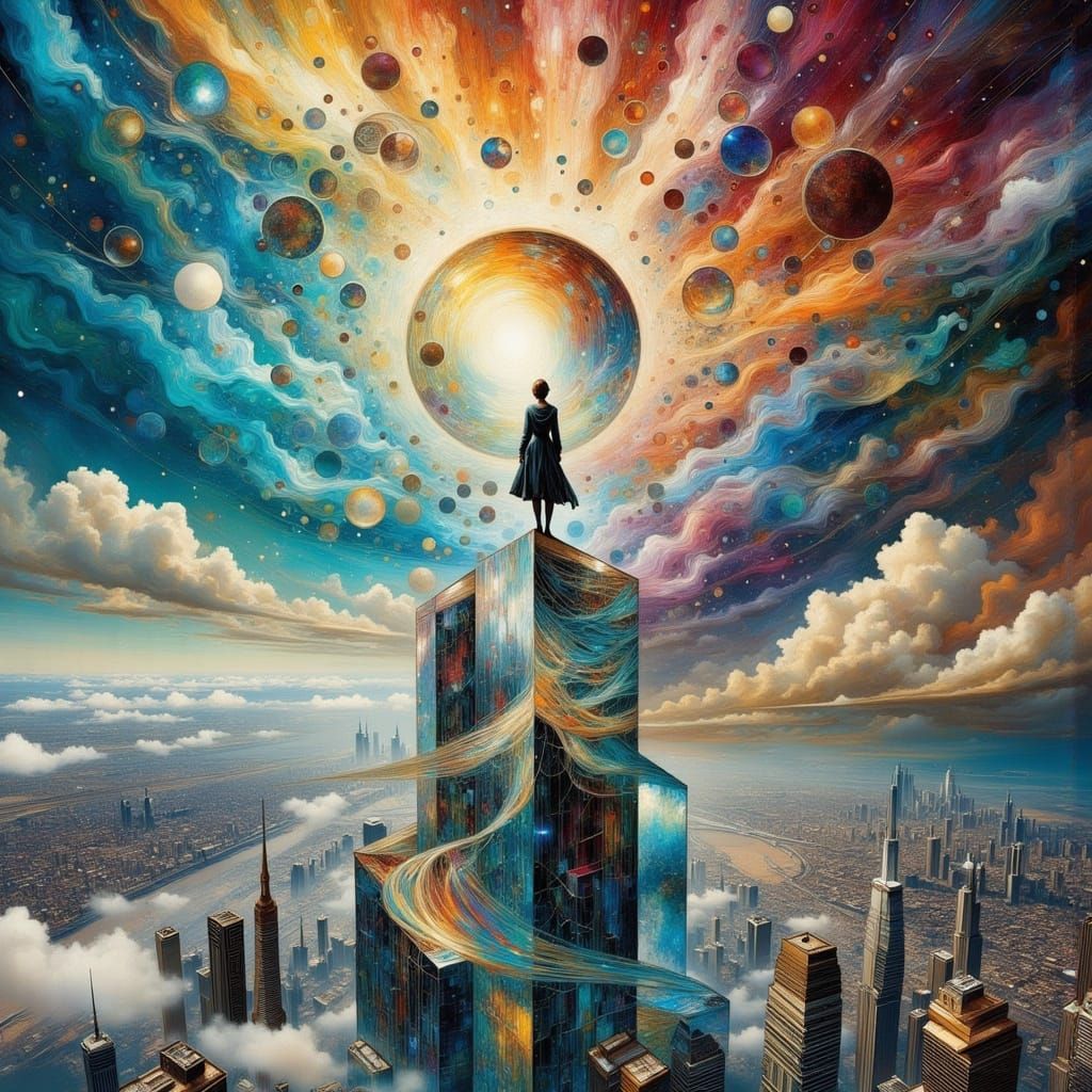 Figure Gazing into Cyberpunk Abyss in Art Nouveau Style