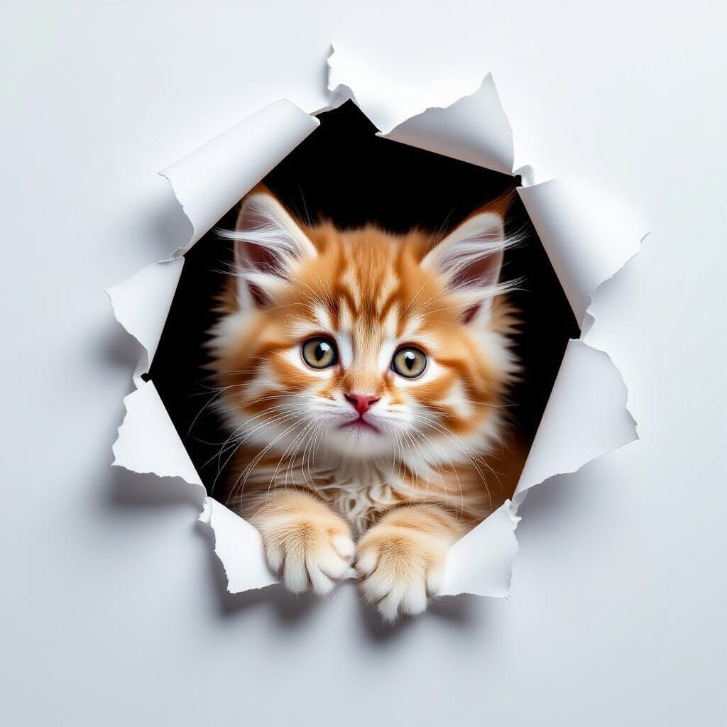 Adorable Fluffy Kitten Peeking Through Paper