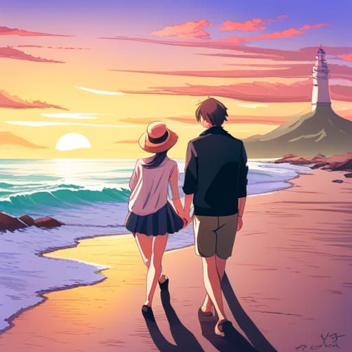 Anime Style Couple Walking on Beach