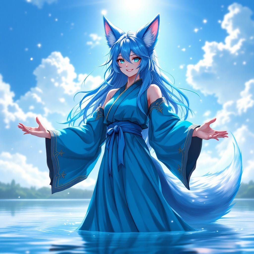 Anime Fox-Girl with Water Magic in Blue Theme