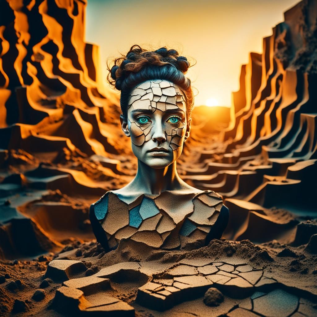 Surrealist Portrait in Fine Art Style, Fragmented Earth Tone...