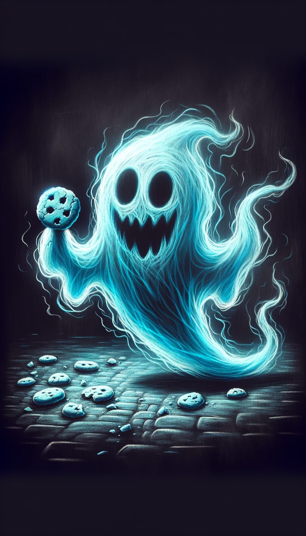 Friendly Ghostly Figure Holding Cookie in Chalk Art