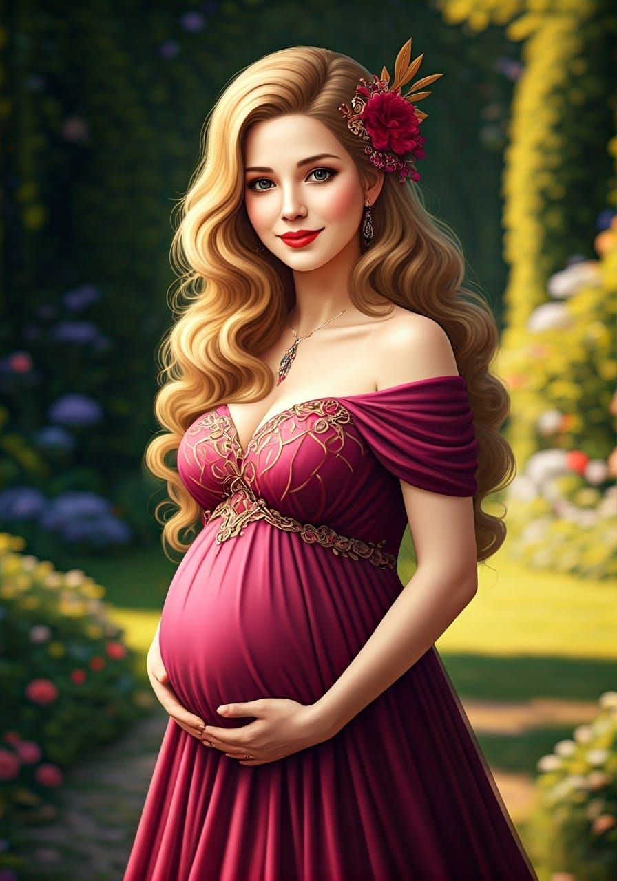 Pregnant Woman in Garden, Art Nouveau Style