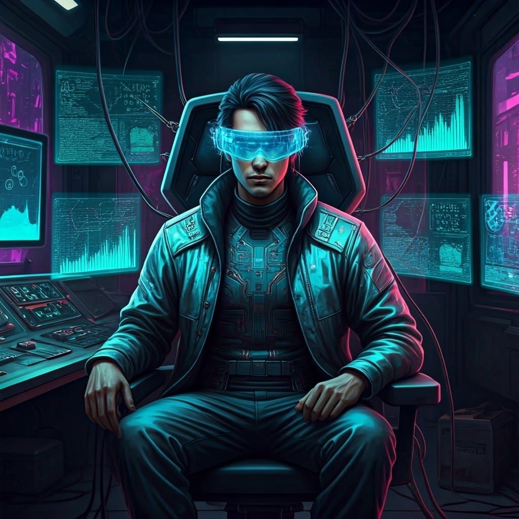 Netrunner Immersed in Holographic Cyberpunk Reality