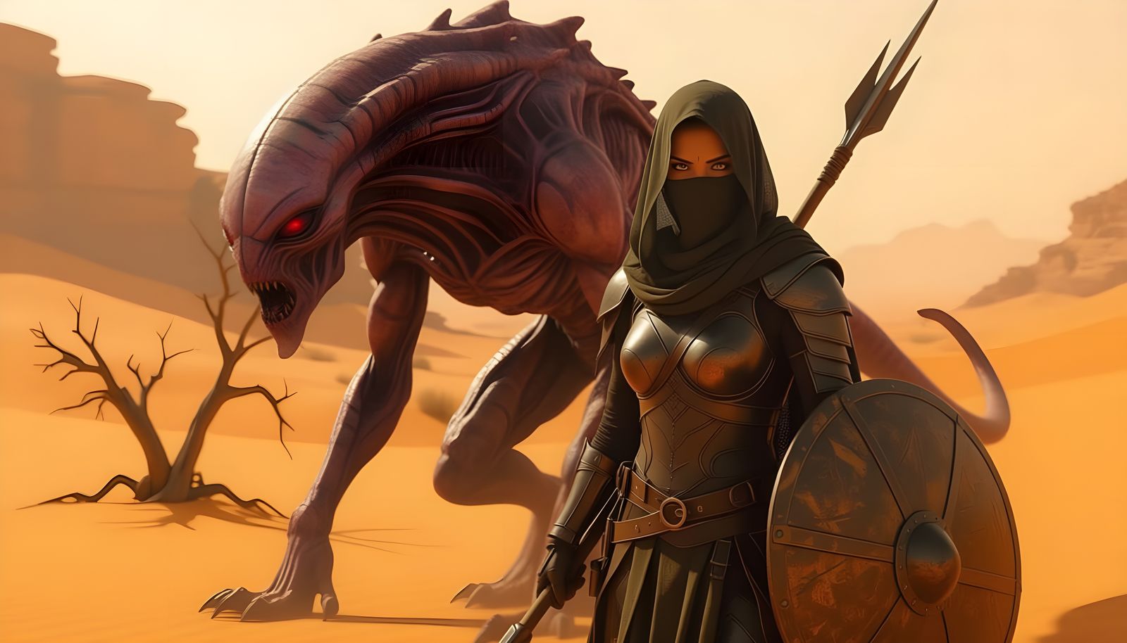 Alien Beast Stalking Woman in Desert Camouflage