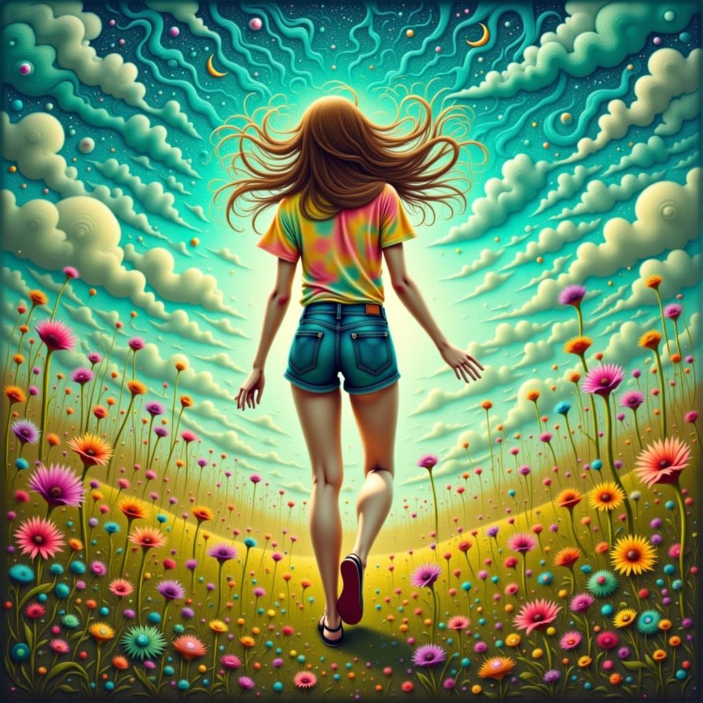 Woman Dancing in Meadow with Glowing Circuit Pattern