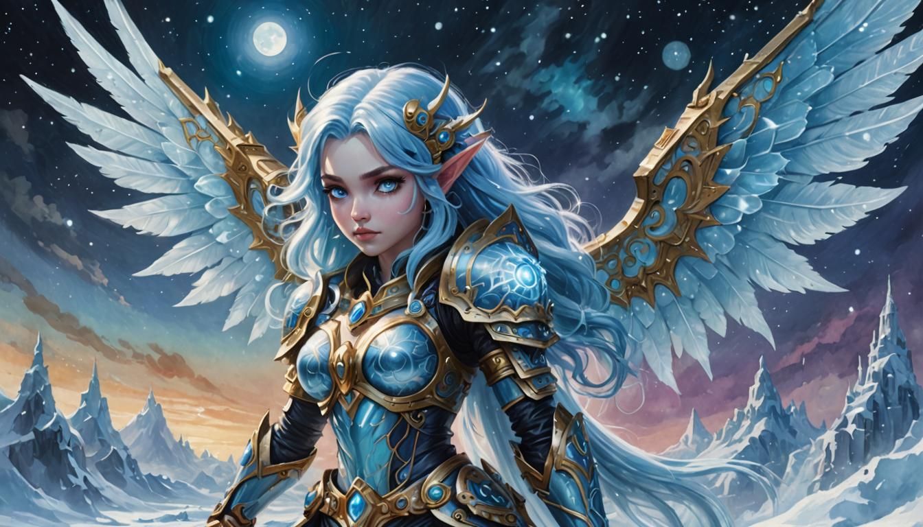 Ice Goddess with Bioluminescent Eyes, in Watercolor Style