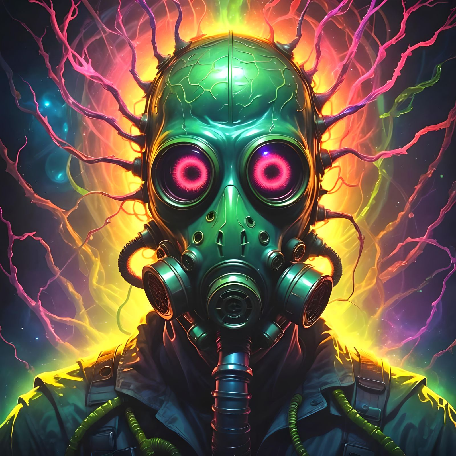 Sinister Alien in Gas Mask: Neon Surrealism