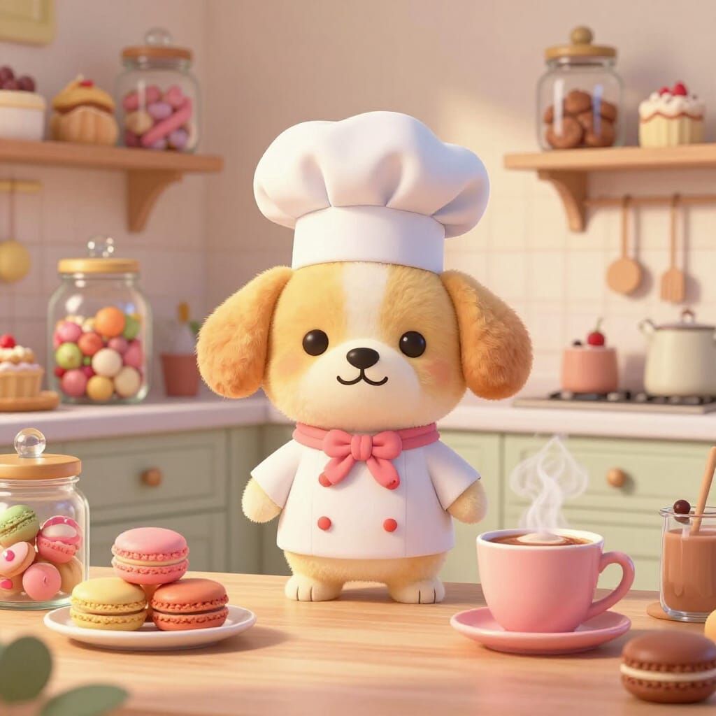 Whimsical Dog Chef in Cozy Candy Kitchen
