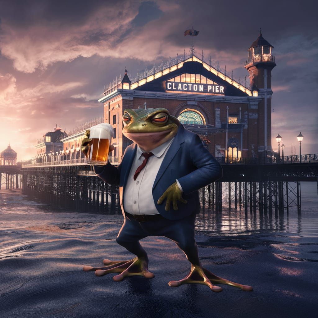Nigel Farage as Frog with Beer at Clacton Pier