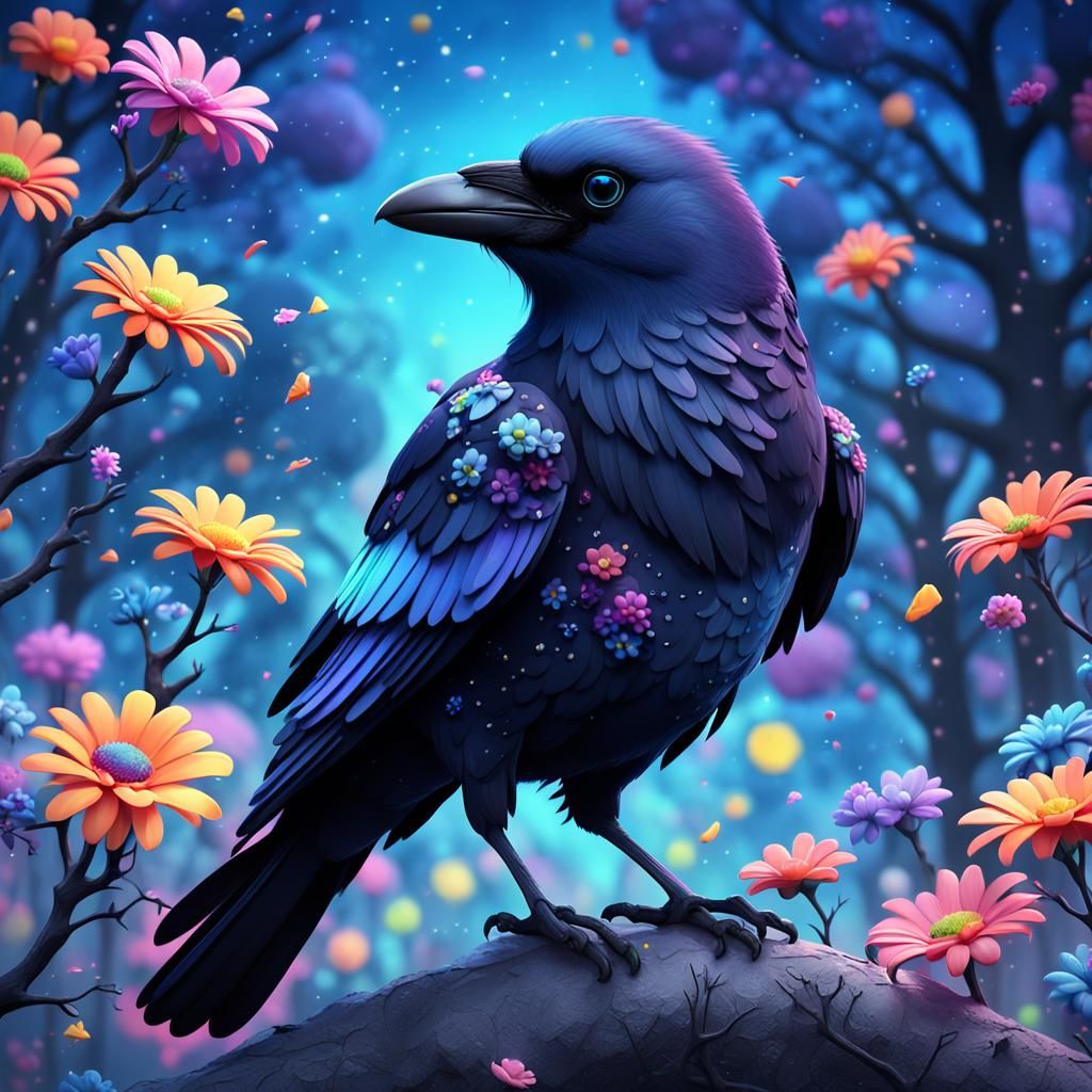 Blue Crow with Flowers in Wonderland Style