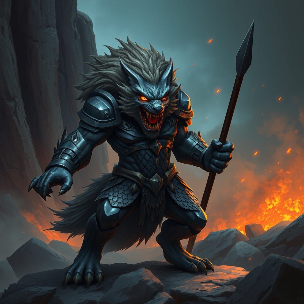 Cyberpunk Wolf Warrior Roars on Rocky Terrain