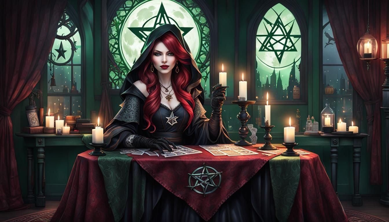 Fortune Teller with Tarot Cards and Full Moon