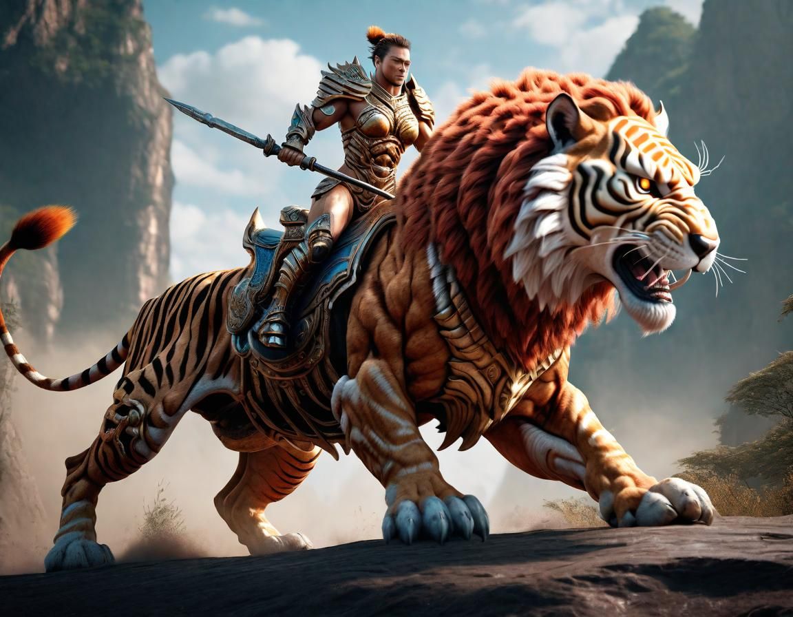 Warrior Rides Liger in Detailed Fantasy Art