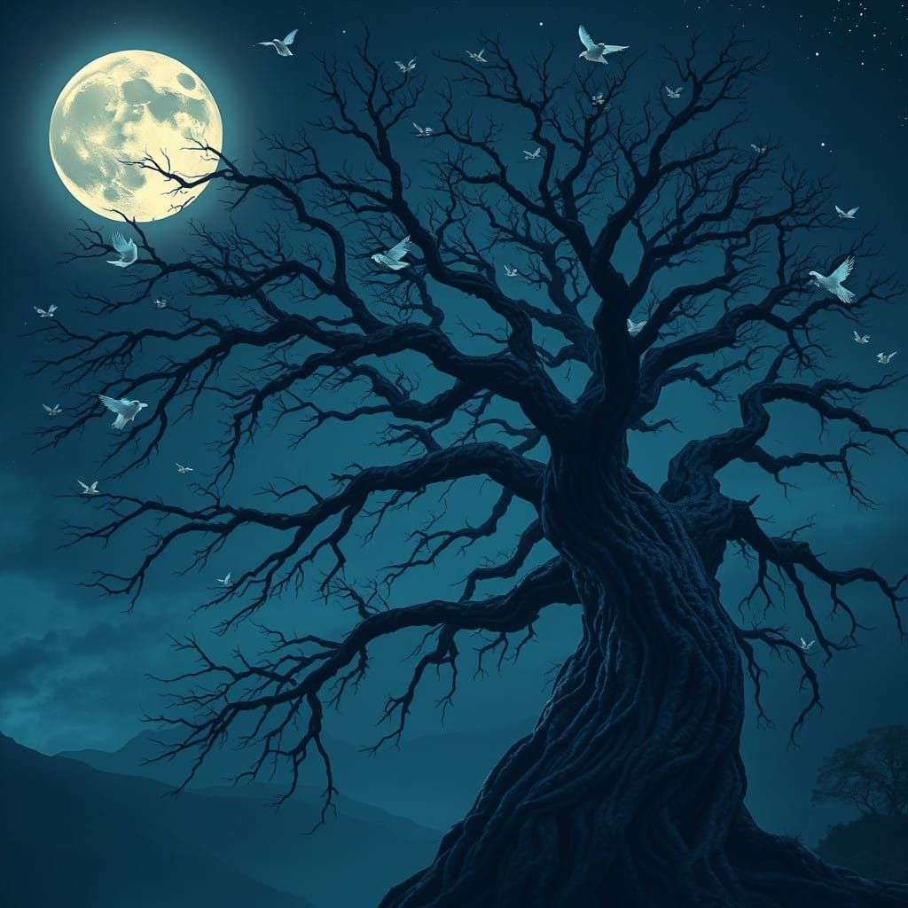 Ancient Perch Under a Glowing Moon