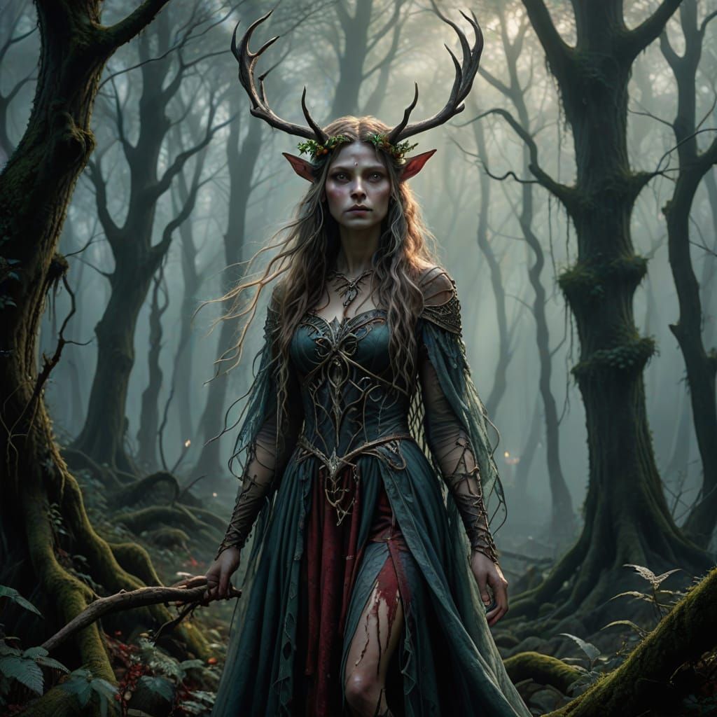 Ethereal Forest Nymph with Tangled Hair and Antlers in a Dar...