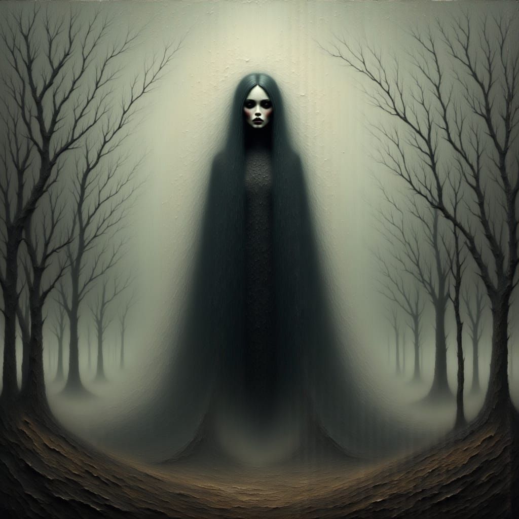 Weathered Figure in Dark Surrealist Landscape